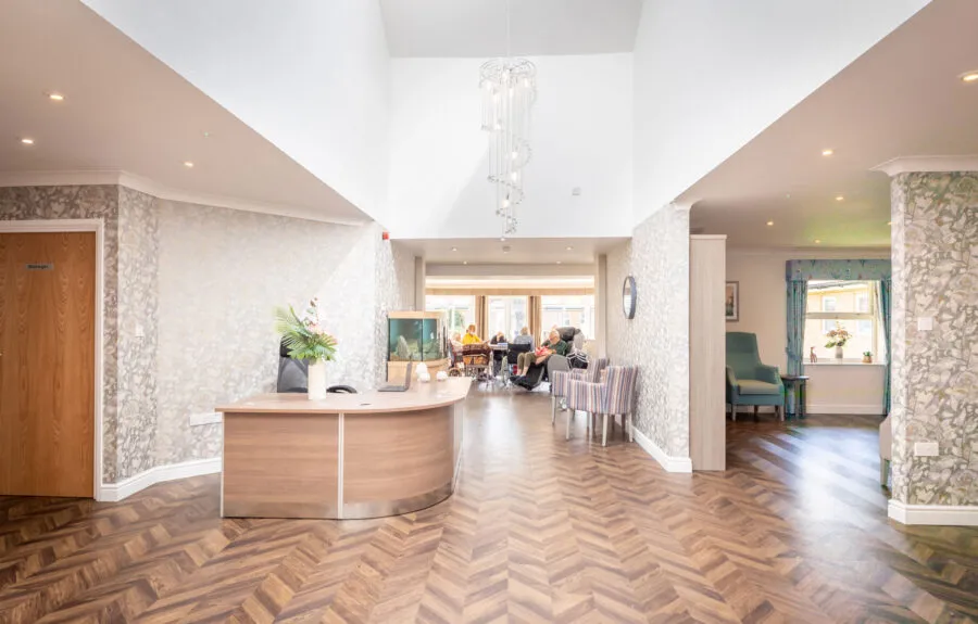 The reception area at Midfield Lodge care home in Cambridge - Maven Healthcare