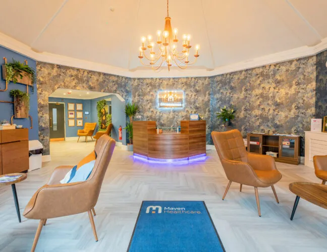 Reception area at St Oswalds House care home - Maven Healthcare